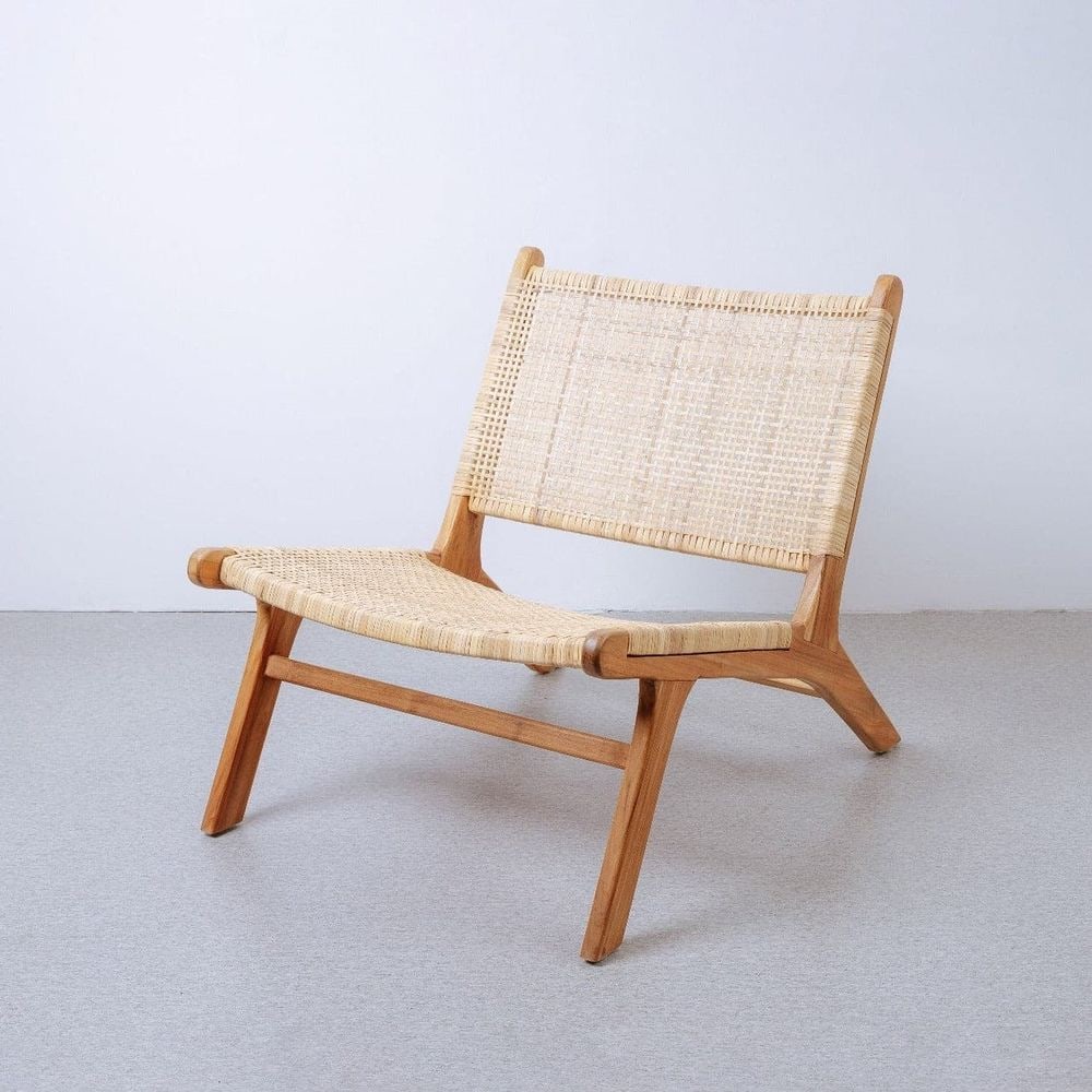 Basham Cane Occasional Chair: Size:Â 26.5Â H xÂ 25.5 W xÂ 33.5 D Seat Height: 15.5" Seat Depth: 19.5" Weight: 13 lbs Materials: Solid Teak Wood, Hand Woven Rattan Bac