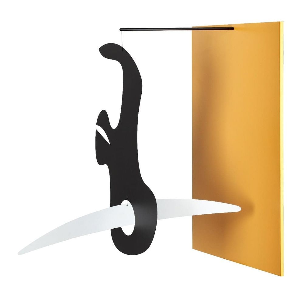 Jaune Wall Sculpture Mobile: Dimensions: 27.5 H x 20 W x 27.5 D Materials: Steel Color: Matt Black, White and Yellow Partial Assembly Required Part sculpture, part mobile this piece will be the focal point