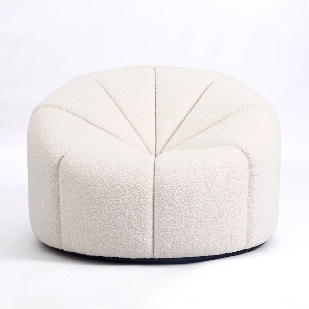 Elmira Channelled Swivel Lounge Chair - Boucle: Dimensions: 27.5 h x40 w x 37.4 D Weight:75 lbs Materials: Performance Boucle Fabric, solid wood frame and stainless steel frame Color:Off White Fabric Features: Swivel