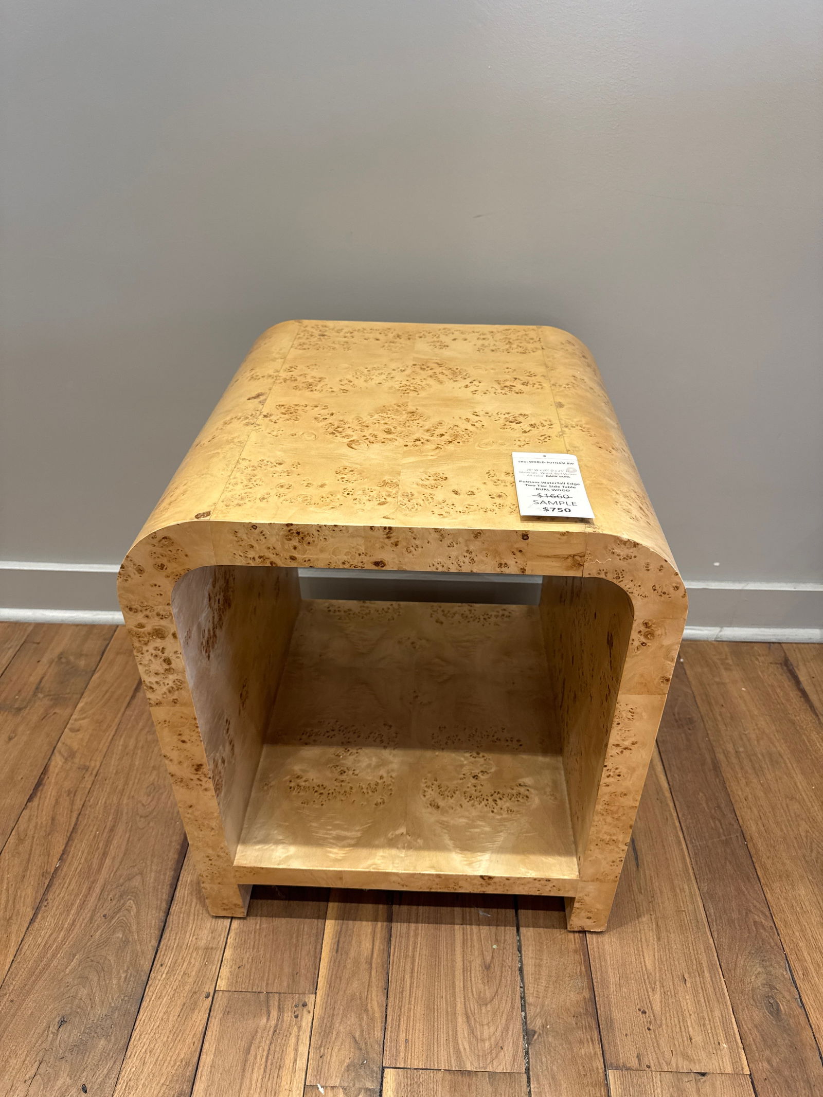 Putnam Waterfall Edge Two Tier Side Table- Burl Wood *: Our mid-century modern, waterfall lamp table stands out in a crowd. Arcing silhouette and rich, book-matched matte burl veneer speak to one-of-a-kind, old world craftsmanship. As bookends for your liv