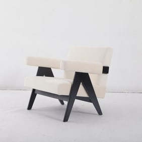 Jeanneret Style Upholstered Lounge Chair - Black / Beige