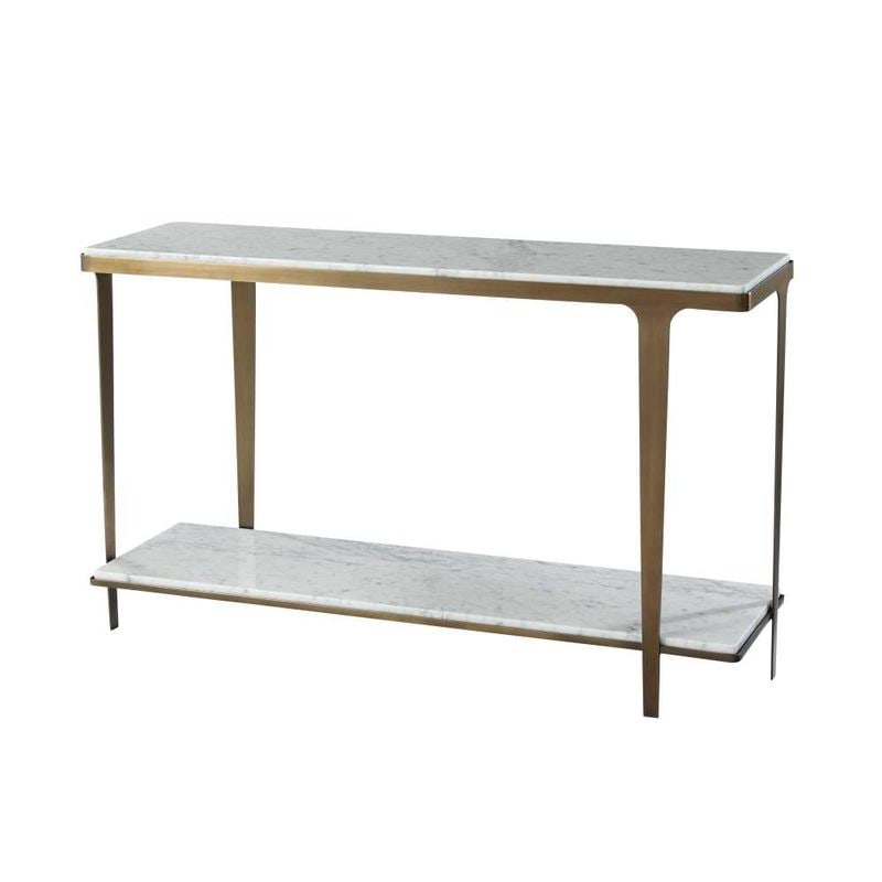 Cordell Console Table (Marble): Main Materials:Marble, Steel, Bianco Carrara Marble Inset Top & Undertier Brushed Pyrite Finish Steel Frame with Tapering Legs