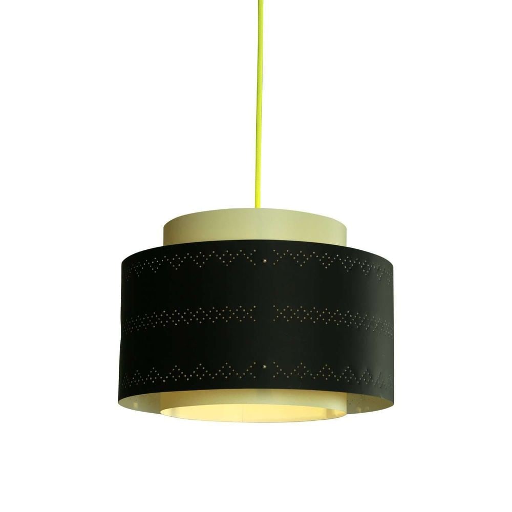Modern Shaka Black Beige Lamp: Size: 9.17 H x 13.4 L x 13.4 WMaterials: Polypropylene Thermoplastic SheetColor: Black, BeigeBulb Type: E26 60W (Not Included)Weight: 4 lbsCord Sold Separately This bold pendant shade will infuse