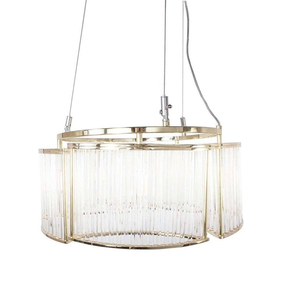 Stilio Chandelier: Size: 12" H x 22" W x 22" D Ceiling to Bottom: 59" Materials: Brass-plated Metal, Crystal Finish: Gold Bulb Type: E12 40W (Not Included) Weight: 35 lbs