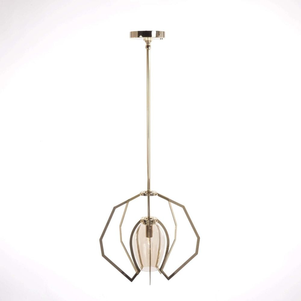 Vise Pendant Lamp L: Size: 60" H Max x 29" W x 29" D Materials: Aluminum, Glass Finish: Gold Bulb Type: E26 60W (Not Included) Weight: 18 lbs Partial Assembly Required Com