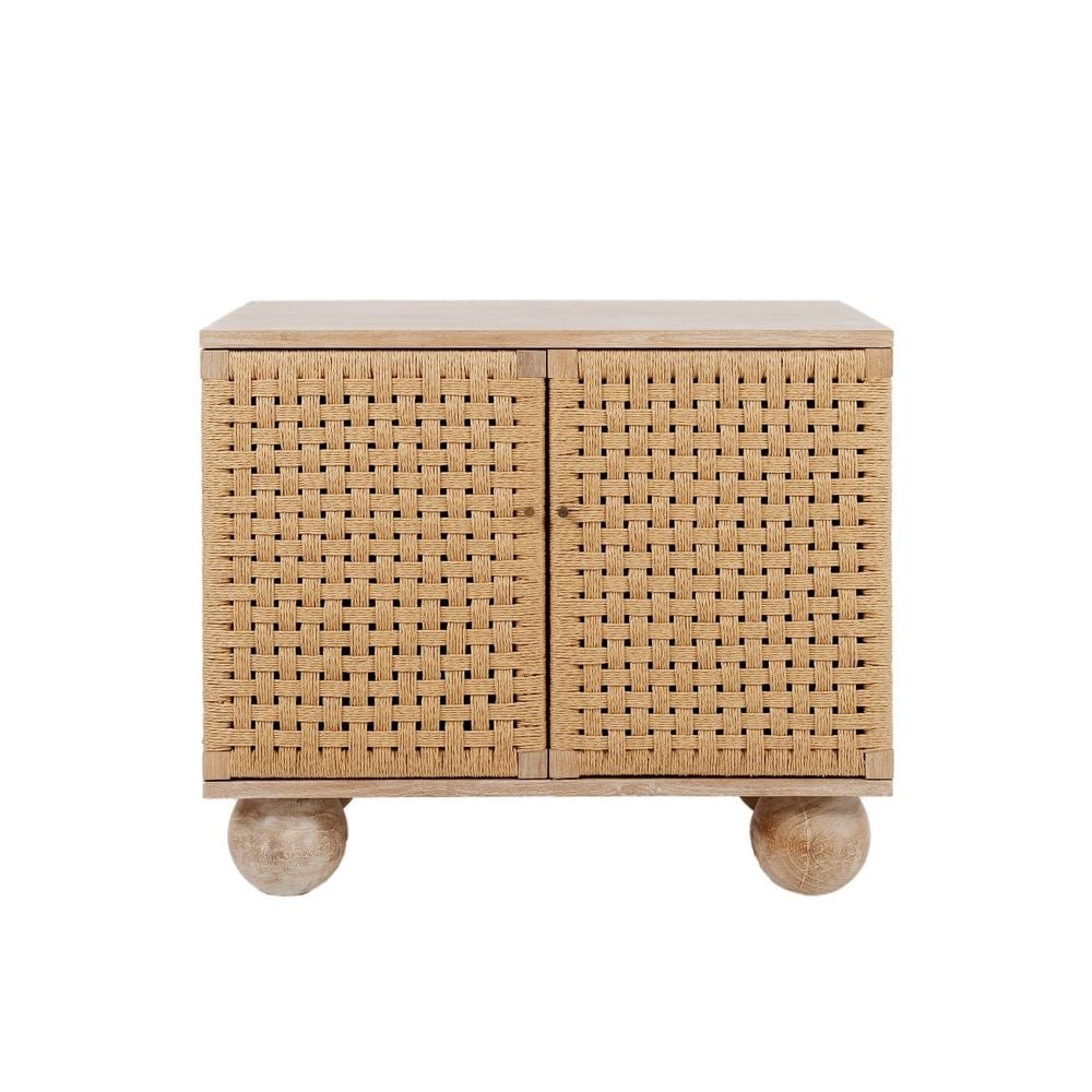 Nerthus 2-Door Cabinet - teak: Dimensions (in): 32.5 H x 38 W x 22.2 DWeight: 110 lbsMaterials: Solid Teak Wood Frame with Woven Rattan Caning on the DoorsFinish: White Washed TeakLarge Iinterior shelf is fixedExpertly crafted