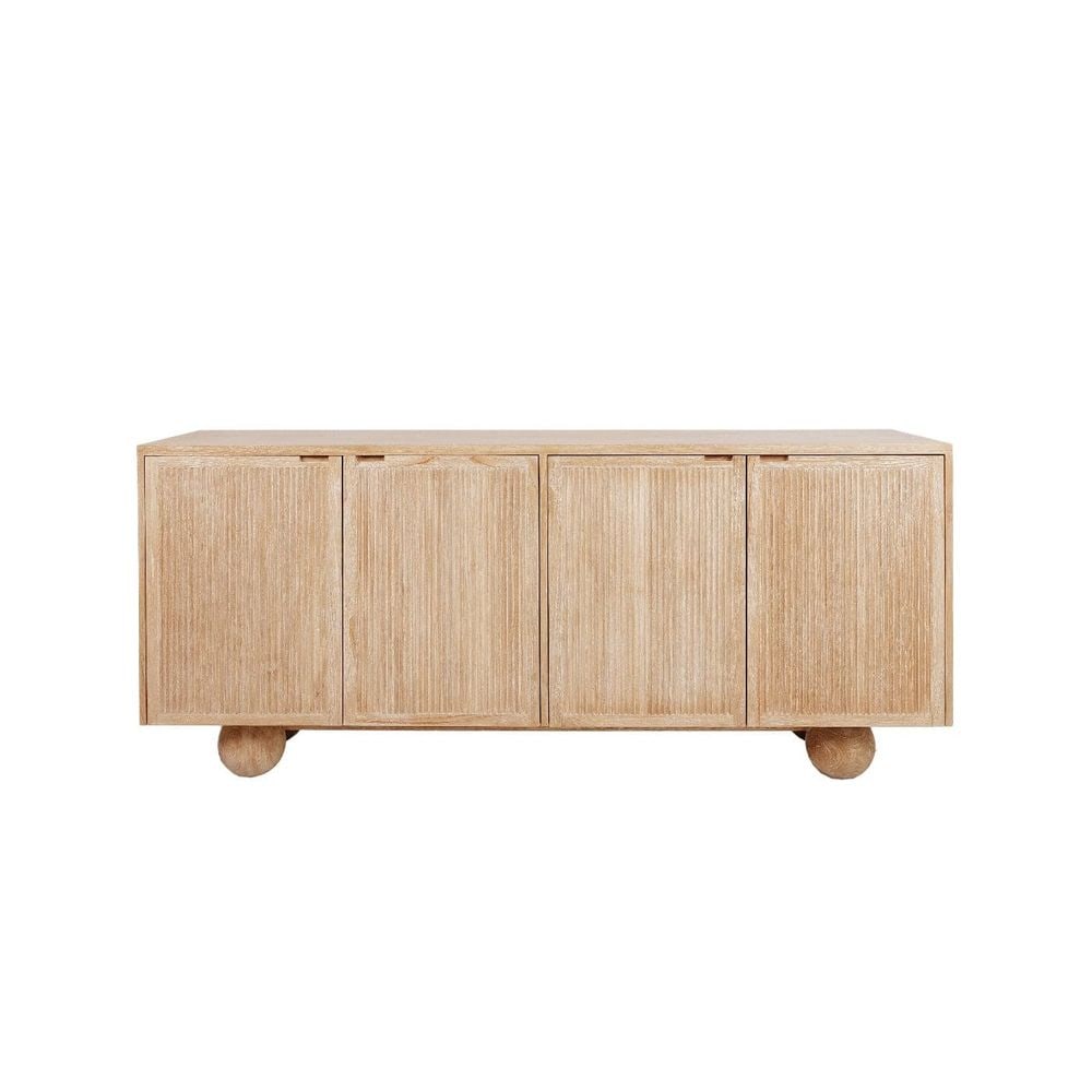 Nerthus Fluted Sideboard: Dimensions: 34 H x 78.75 W x 22 D Weight: 230 Materials: Teak Wood Finish: White Washed Teak