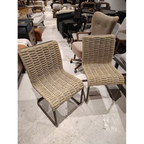 Fulton Outdoor Dining Chair - Vintage White - Set of 2: Dimensions: 19W x 23.5D x 33H Weight: 22.93 lbs Description: Attractive curvature summons a sit. A slim, gunmetal-finished iron frame supports woven all-weather wicker seating, for a textural twist on