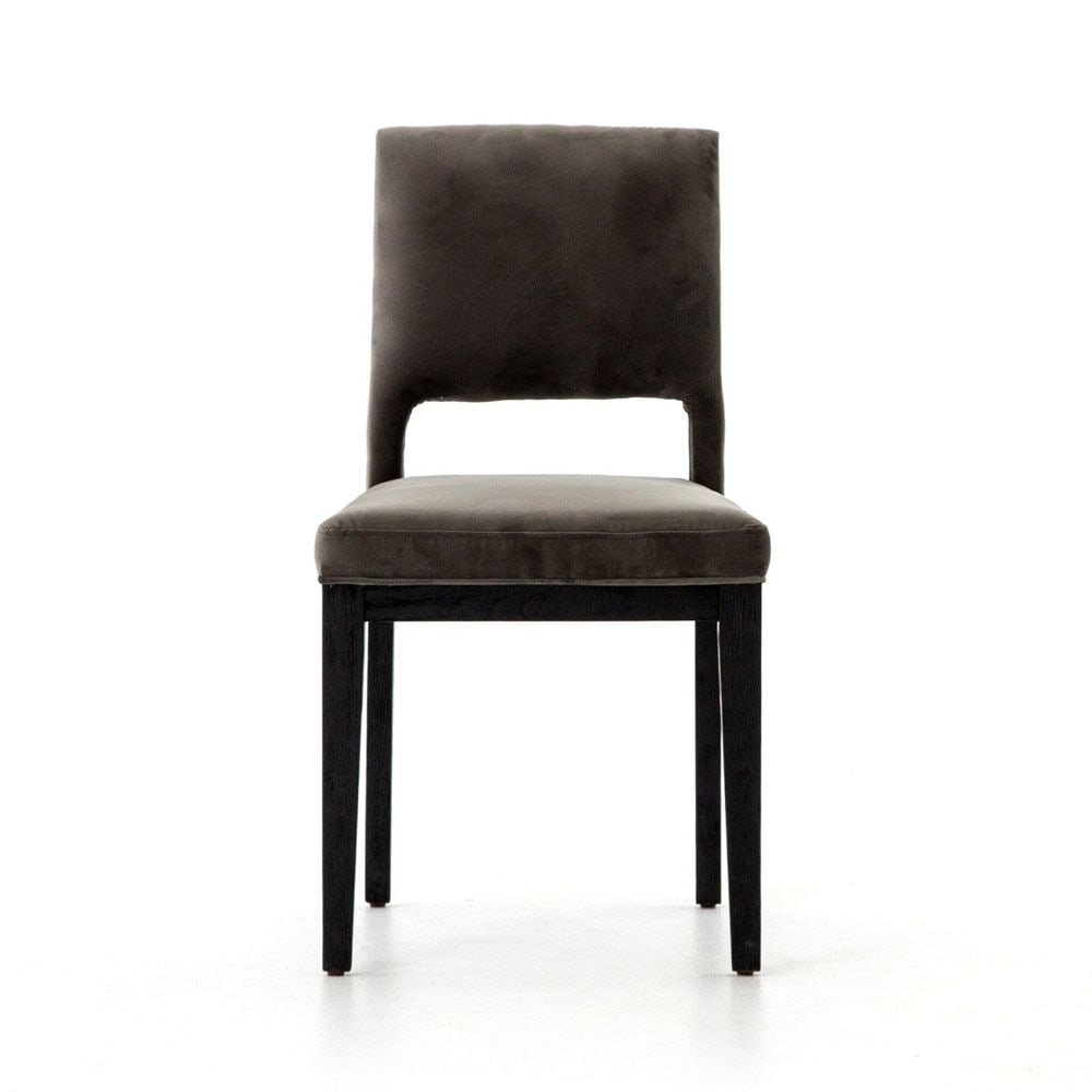 Thalia Dining Chair - Washed Velvet Grey: Description: The natural graining of black oak framing complements velvety grey seating for a unique textural contrast.