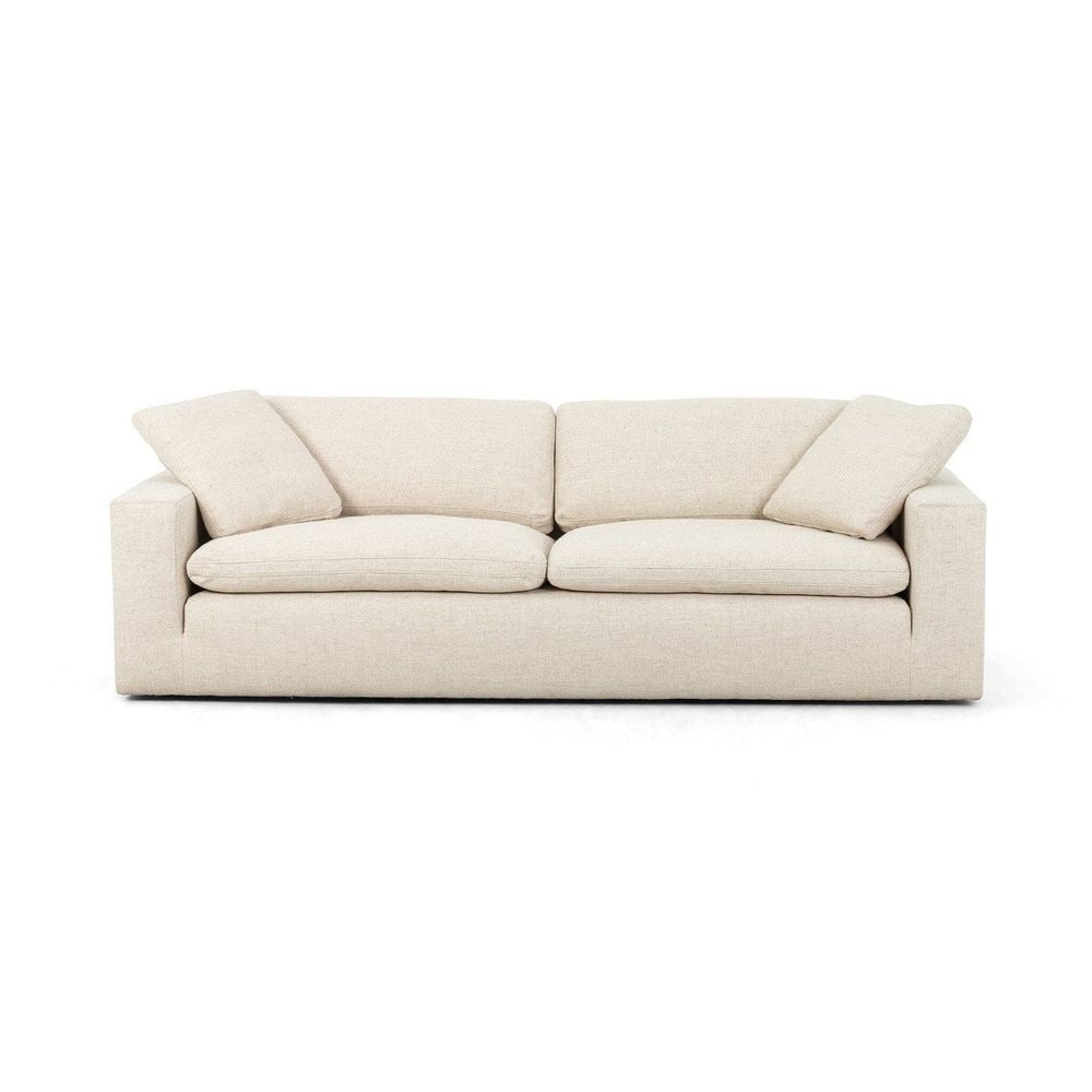 Benjamin Sofa - Thames Cream: Description: Sink-in luxury. Designed to mimic the casual comfort of a feather duvet, squared block arms frame feather-filled seating for a relaxed look and feel. Fluff cushions regularly to maintain