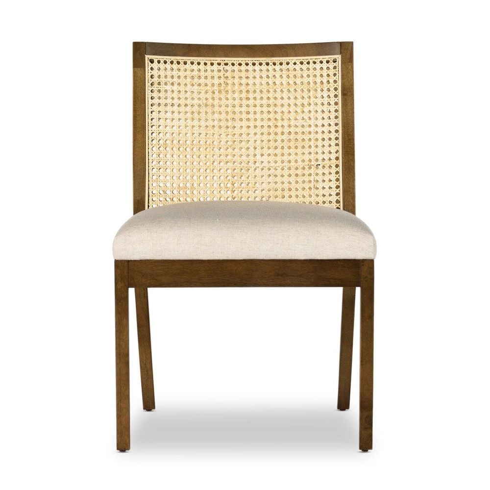 Thayer Cane Armless Dining Chair - Toasted Savile Flax: Description: Mixed materials refresh a retro style. Toasted nettlewood frames a textural inlay of natural cane, for a light, monochromatic look. Neutral linen-blend seating of high-performance fabric