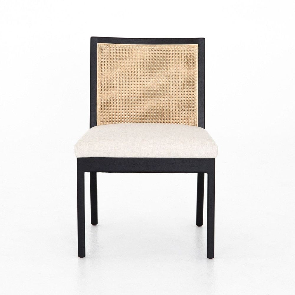 Thayer Cane Armless Dining Chair - Ebony / Savile Flax: Description: Mixed materials refresh a retro armless style. Brushed ebony nettlewood frames a textural inlay of natural cane, for perfect contrast. Neutral linen-blend seating of high-performance