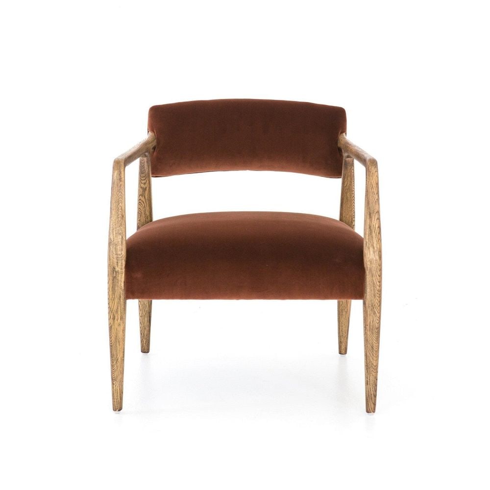 Ivy Armchair - Surrey Auburn: Description: An angular distressed oak frame holds a deep seat and striking, low-slung back. Upholstered in velvety burnt auburn covering of 100% cotton.