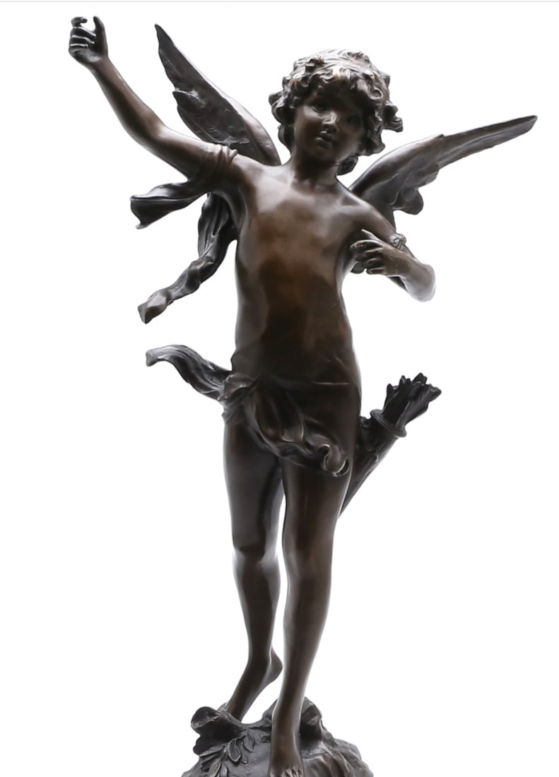 Duchoiselle Sculptor Cupid Signed Duchoiselle bronze statue: A bronze sculpture with marble base. The dimensions are Height: 27 inches; Width: 14 inches. Please Note;This item cannot be shipped by us. You will need to arrange your own shipping or collect it in