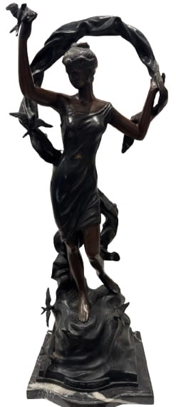 Etoile Des Hirodelles Bronze sculpture of woman with birds: Nicely detailed bronze statue on marble base titled "Etoile Des Hirodelles". The statue features a young woman with swallows. Measures approx. 43" tall x 13" across x 17" deep including the base
