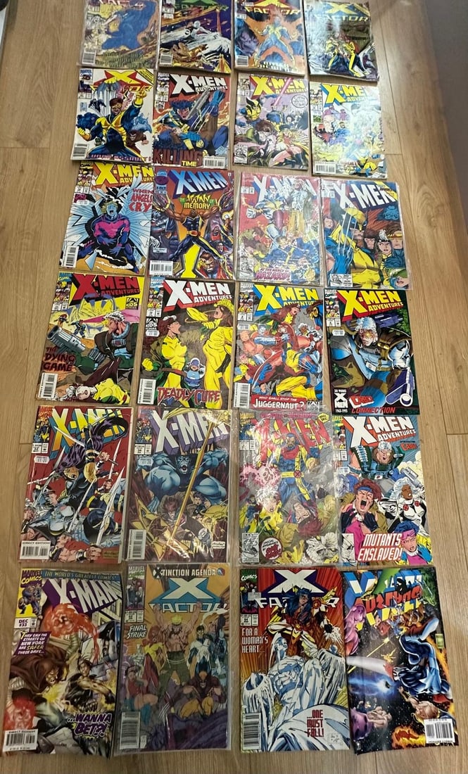 24 X-Men Comic Book Collection (Marvel): A large collection of Marvel X-Men comic book issues, mainly from the 1990s era, featuring many of the most recognisable characters and storylines from the X-Men universe.