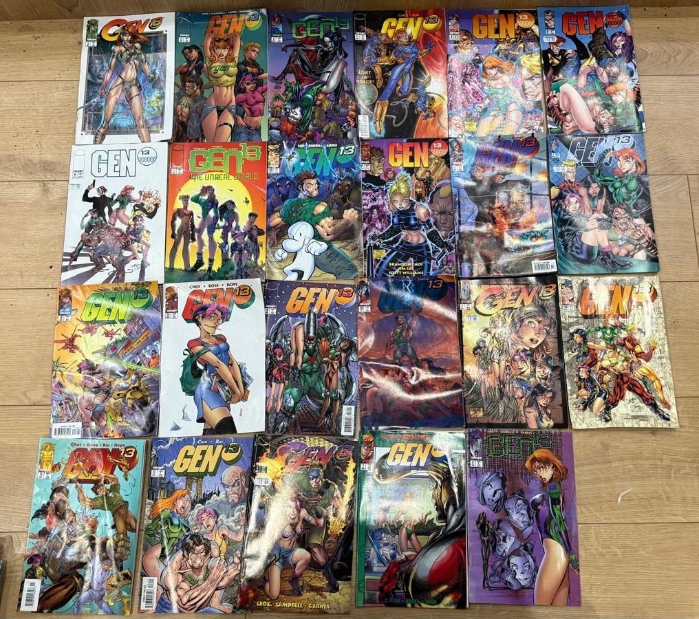 23x Gen 13 Comic Book Collection: A collection of Gen (Gen 13) comic book issues, published by WildStorm / Image Comics, mainly from the 1990s. Gen¹³ is one of the most recognisable creator-owned superhero series of the era, known