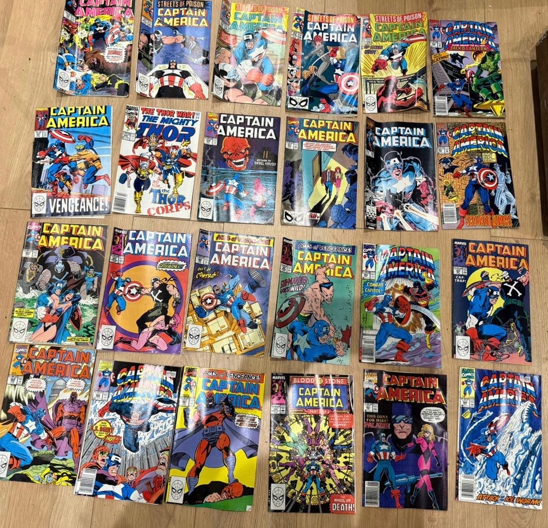 24 Captain America Comic Book Lot: A large mixed collection of Marvel Captain America comic book issues, mainly from the 1980s 1990s, featuring classic storylines, colourful cover art