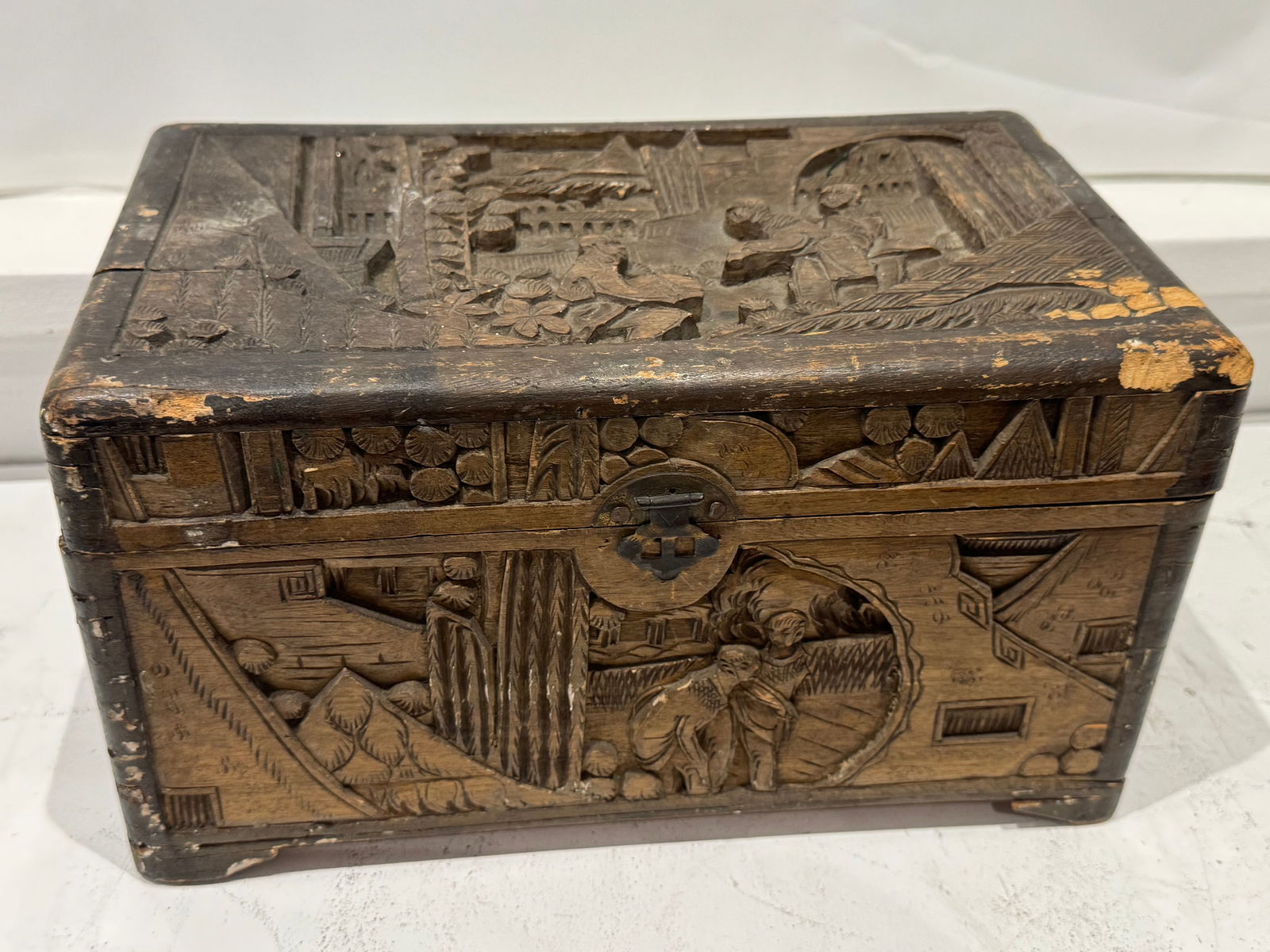 Chinese Antique Hand-Carved Wooden Box with Figural (1 of 10)