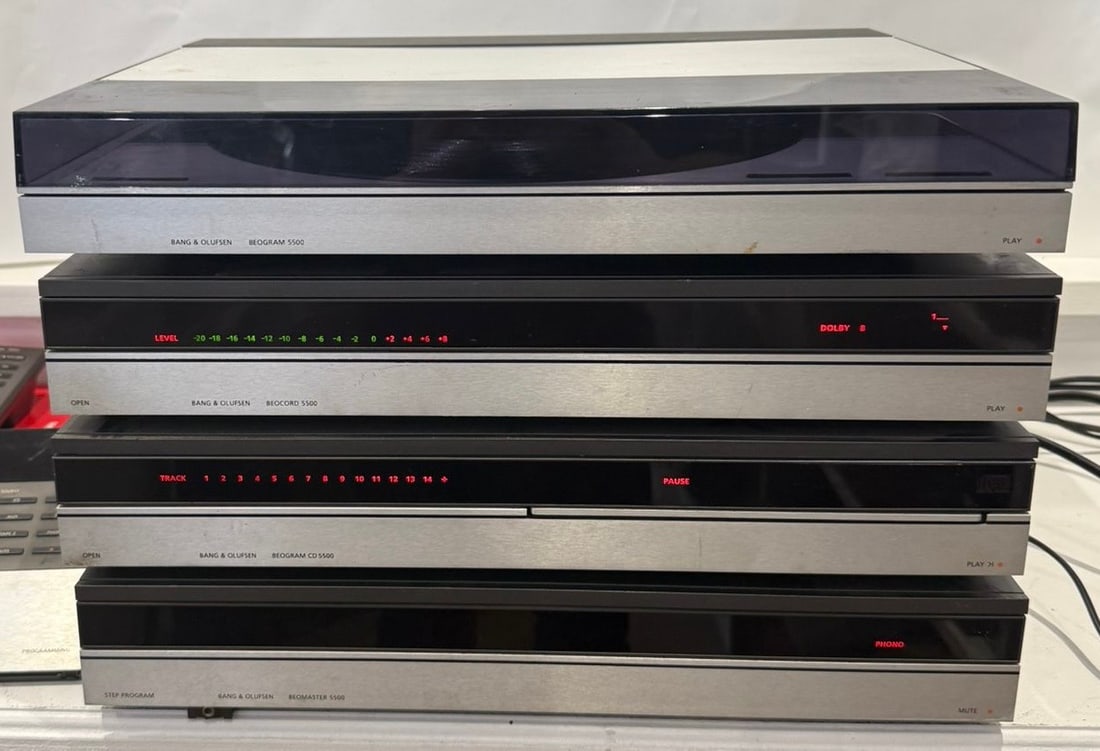 Bang & Olufsen Beosystem 5500 Hi-Fi Stack: A complete and highly desirable Bang & Olufsen Beosystem 5500, an iconic Danish-designed modular hi-fi system from the late 1980s. This elegant, low-profile stack is renowned for its minimalist brushe