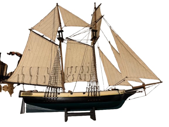 L’Épervier, representing a classic French sailing vessel Boat: traditionally rigged ship with multiple masts, set canvas sails, and detailed standing and running rigging, capturing the elegance of late-18th/early-19th-century naval and privateer craft.