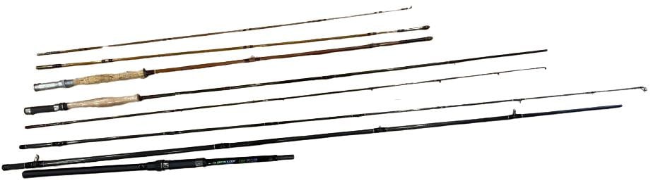 Assorted Fishing Rod j s sharp dunlop sport 3.3 kunnan rods: A small collection of fishing rod bags and protective sleeves, including j s sharp dunlop sport 3.3 kunnan rods condition perfect