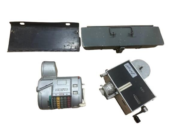 Vintage Ticket Machines and Metal Cash Boxes: A small group of vintage transport-related equipment, comprising ticket issuing machines and associated metal cash or coin boxes