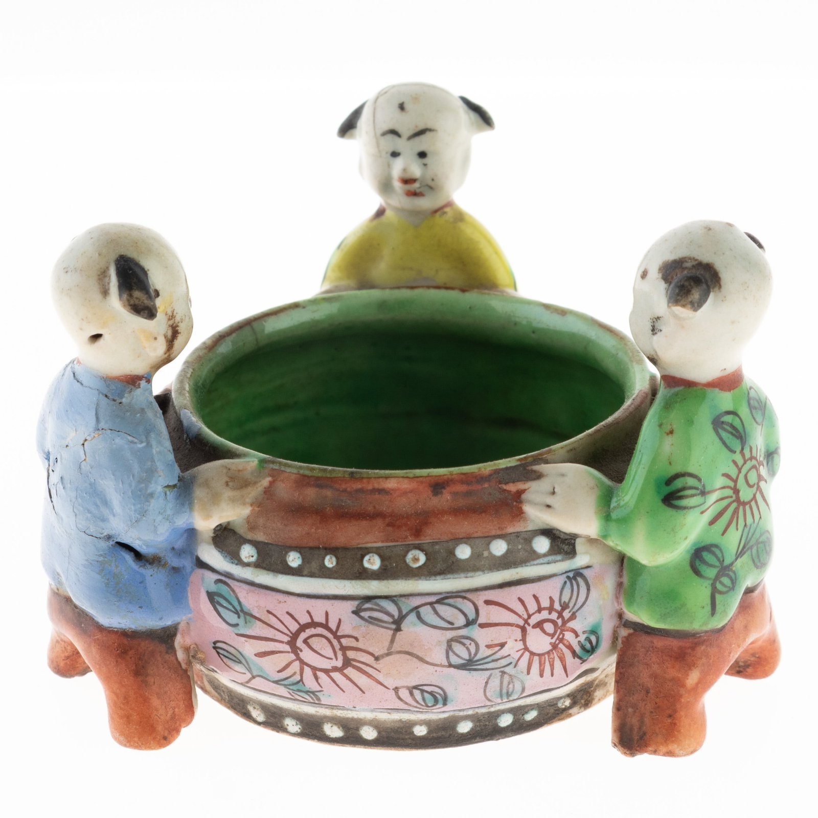 Antique Chinese Hand Painted Famille Rose Porcelain Figural Bowl: Height: 6.0 cm, Width: 9.0 cm. It is the responsibility of the Buyer to carefully examine each lot and form their own judgment regarding its condition, description, provenance, and authenticity prior 