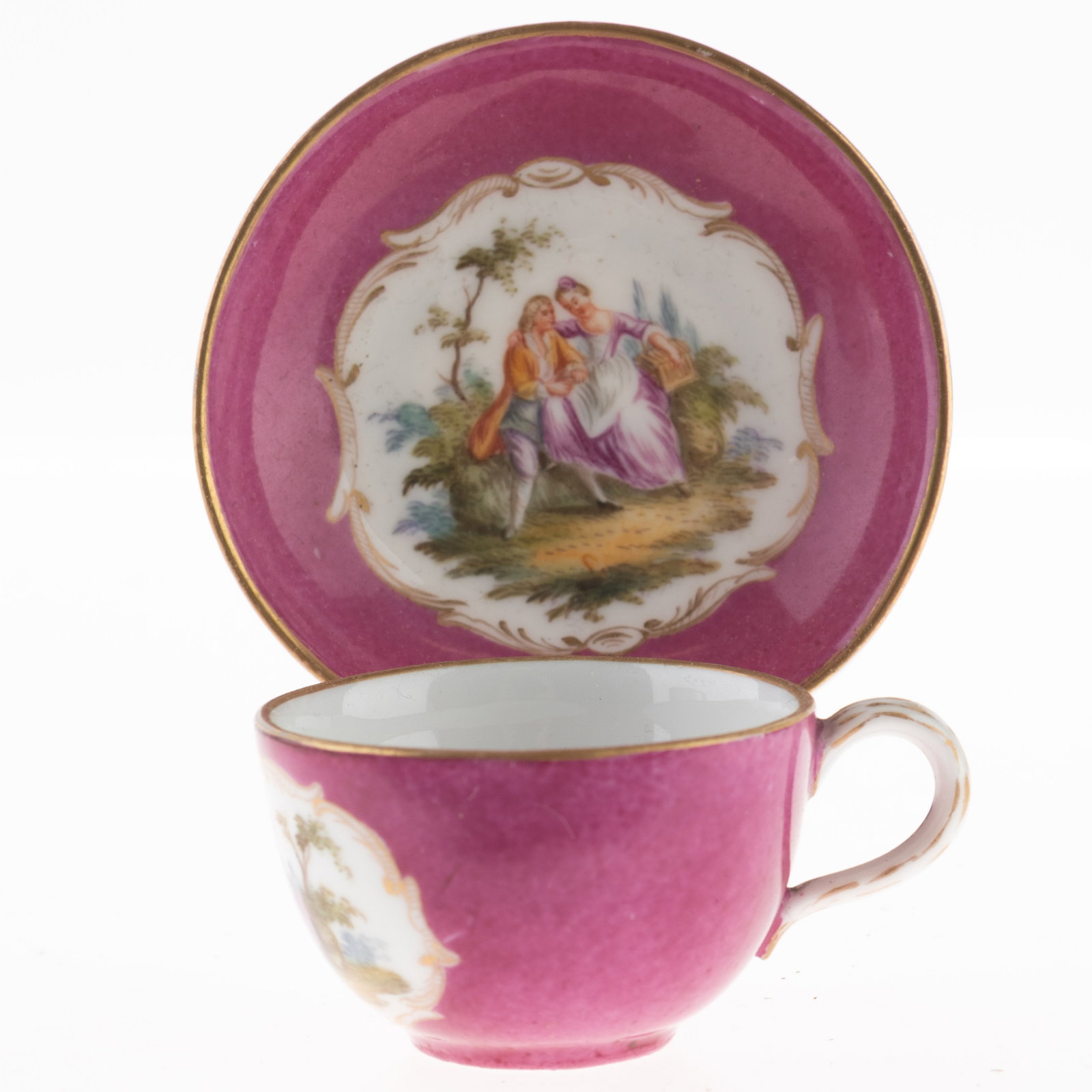 Antique Pink Ground Hand Painted Meissen Porcelain Ceramic Teacup And Saucer 19Th Century: Height: 3.0 cm, Width: 7.0 cm. It is the responsibility of the Buyer to carefully examine each lot and form their own judgment regarding its condition, description, provenance, and authenticity prior 