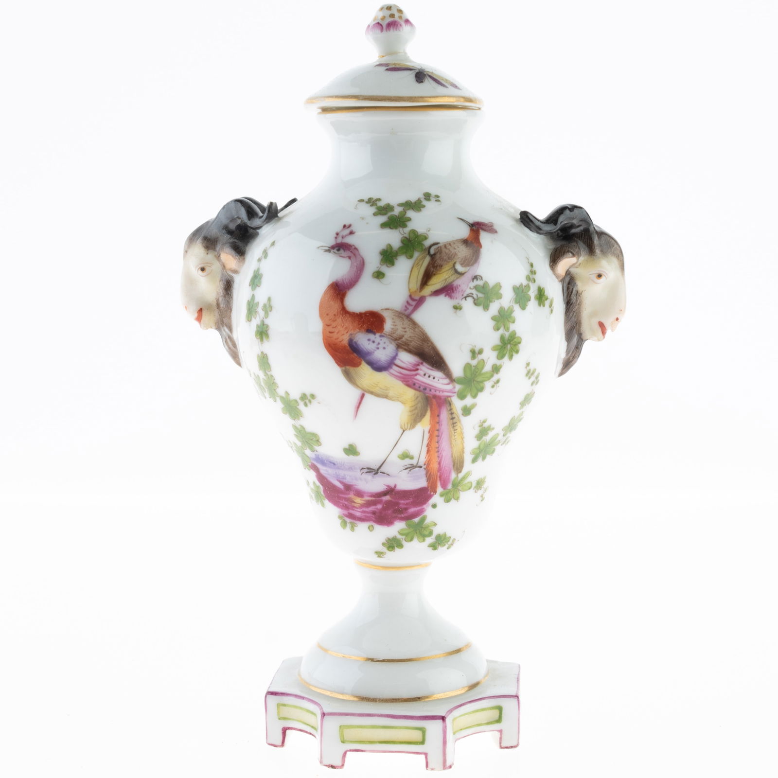 Antique Chelsea Porcelain Hand Painted Exotic Birds Lidded Vase With Satyr Heads 19Th Century (1 of 2)