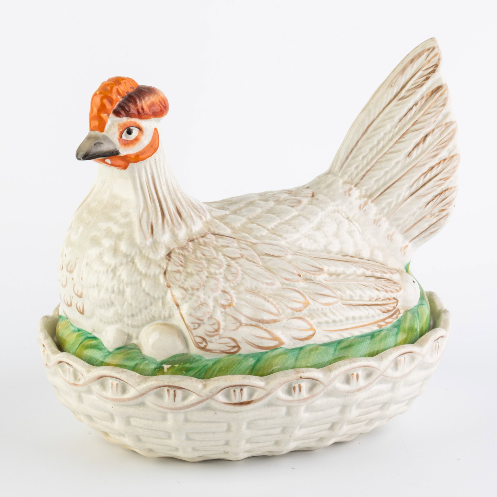 Antique Victorian Staffordshire Polychrome Pottery Ceramic Hen On Nest Basket Tureen 19Th Century (1 of 2)