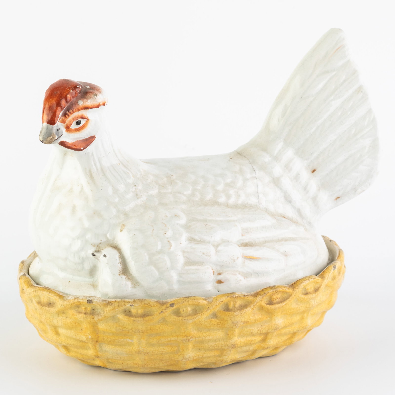 Antique Victorian Staffordshire Polychrome Pottery Ceramic Hen On Nest Basket Tureen 19Th Century (1 of 2)