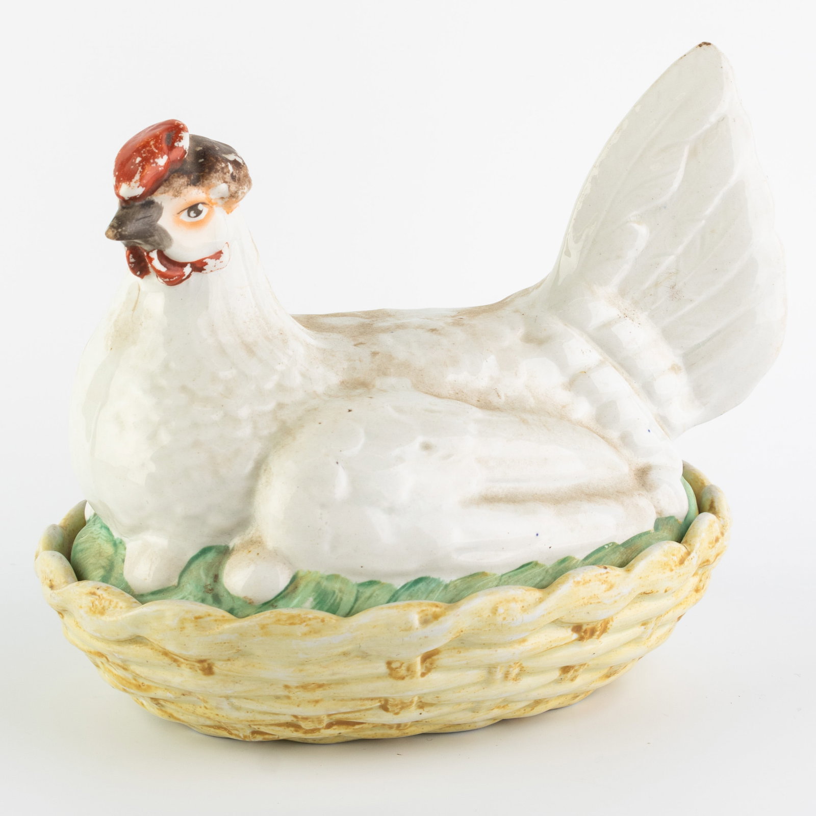Antique Victorian Staffordshire Polychrome Pottery Ceramic Hen On Nest Basket Tureen 19Th Century (1 of 2)