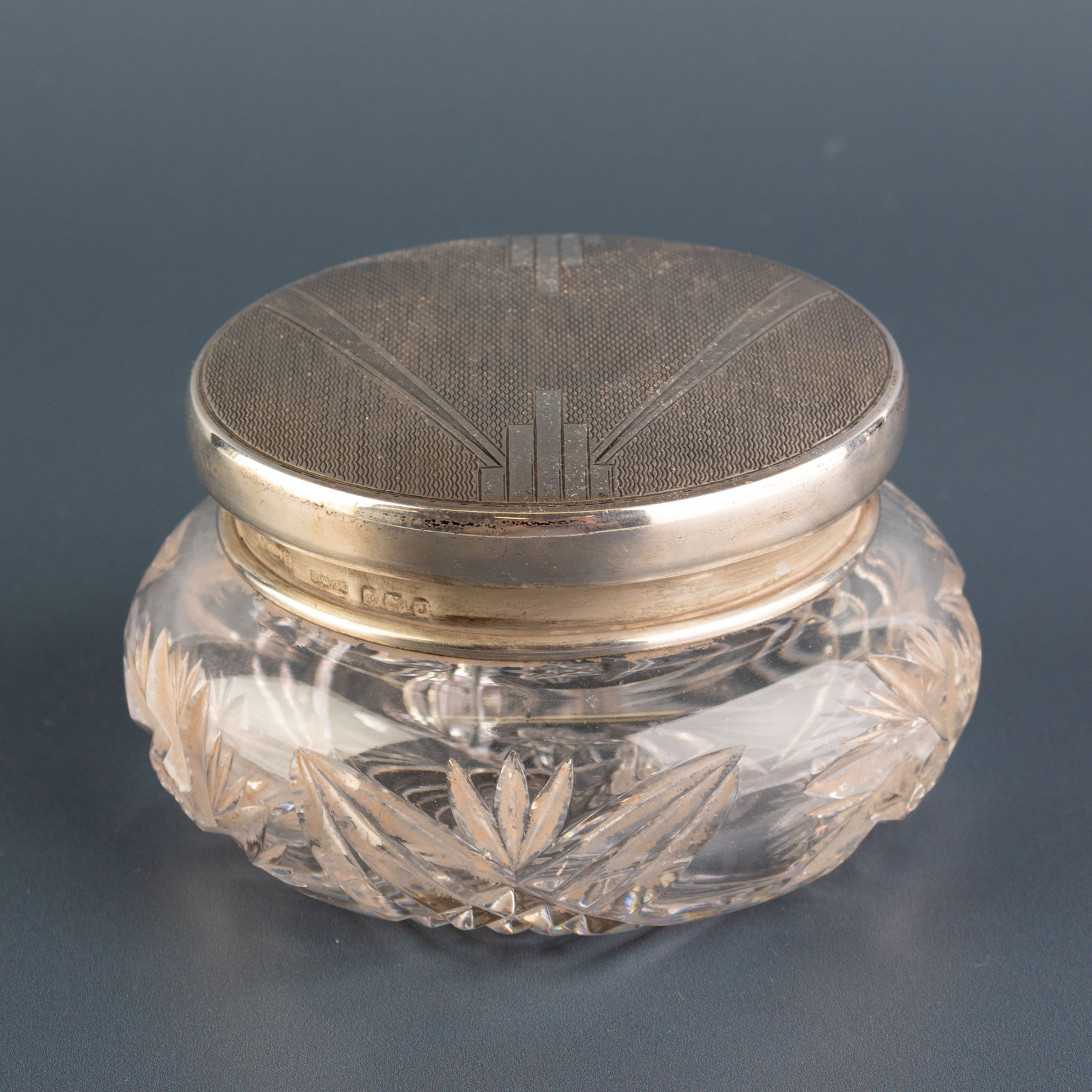 Antique Cut Crystal Glass Art Deco Engraved Silver Hallmarked Top Vanity Jar (1 of 2)