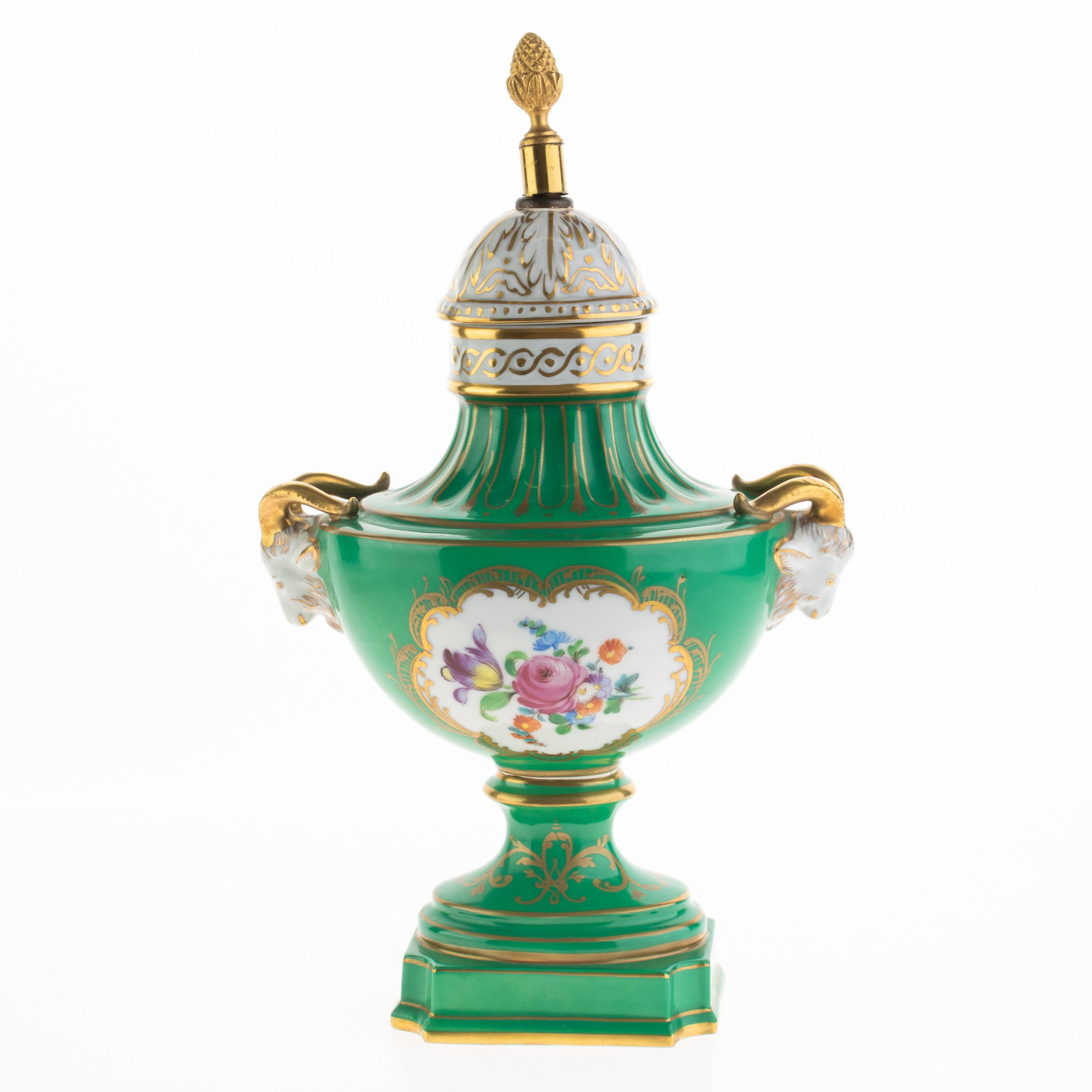 Dresden Carl Thieme German Hand Painted Jade Ground Gilt Porcelain Floral Bacchus Vase: Height: 28.5 cm, Width: 11.0 cm. It is the responsibility of the Buyer to carefully examine each lot and form their own judgment regarding its condition, description, provenance, and authenticity prio
