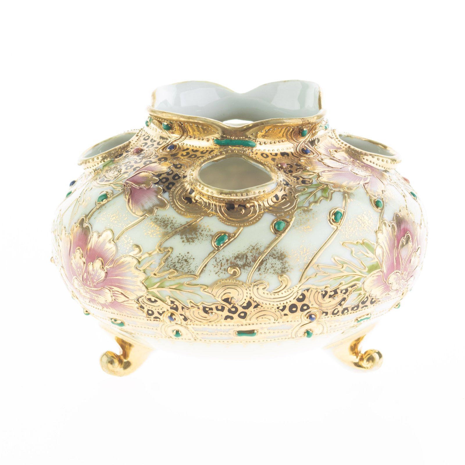 Antique Art Nouveau Japanese Noritake Hand Painted Gilt Porcelain Tri-Footed Vase: Height: 10.5 cm, Width: 14.0 cm. It is the responsibility of the Buyer to carefully examine each lot and form their own judgment regarding its condition, description, provenance, and authenticity prio