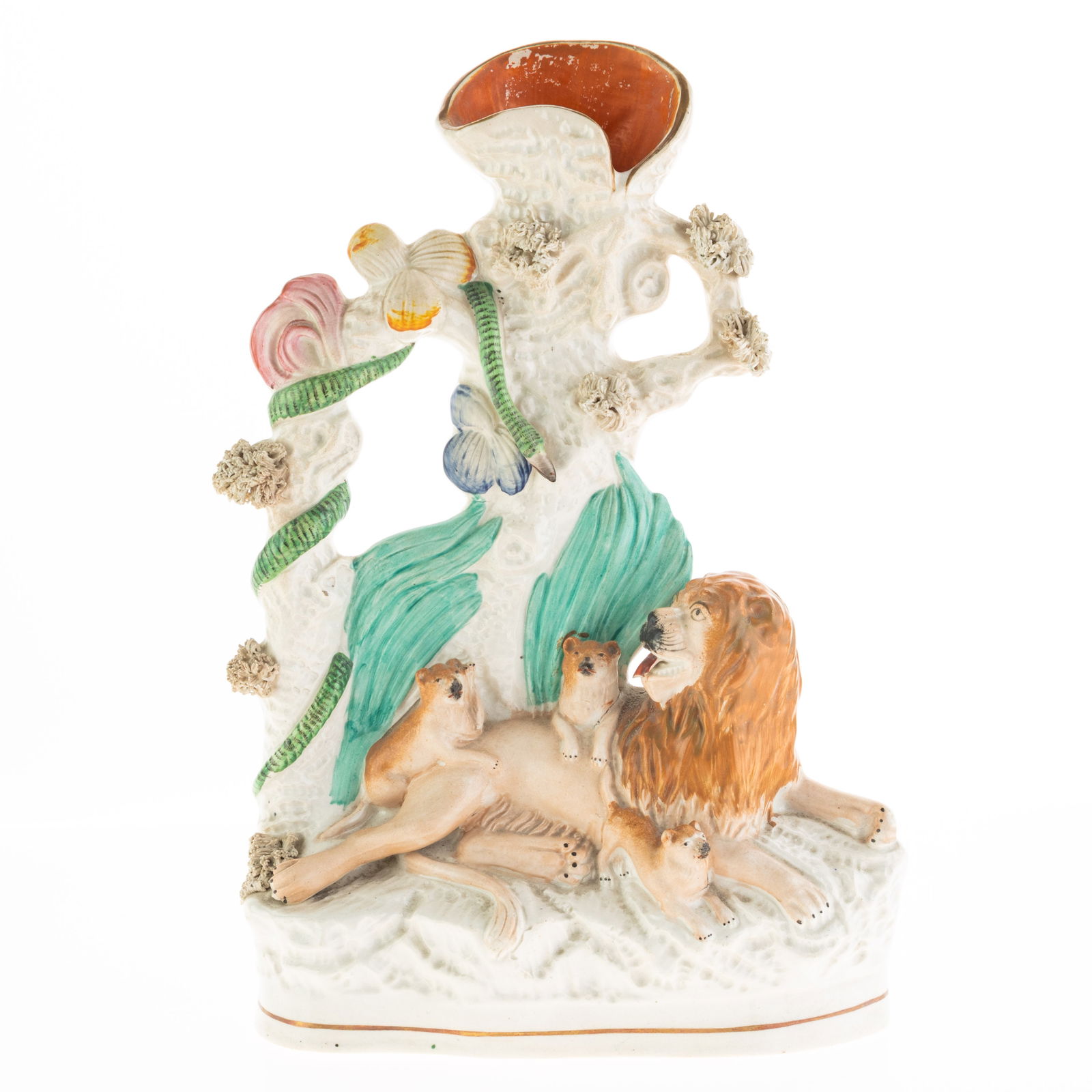 19Th C Staffordshire Polychrome Pottery Pearlware Ceramic Lion Figure Group Spill Vase (1 of 1)