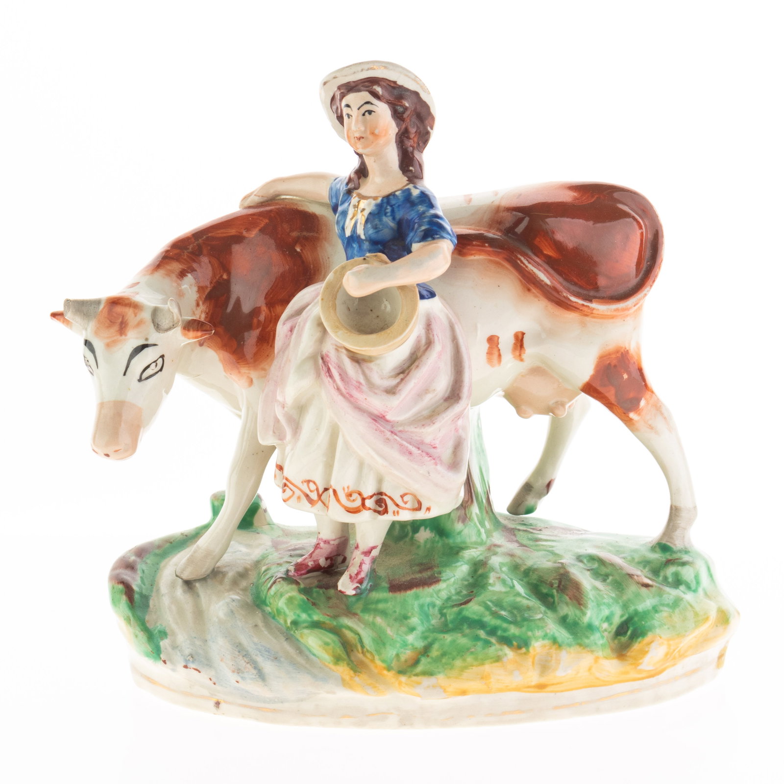 19Th C Staffordshire Polychrome Pottery Pearlware Ceramic Cow Figure Group (1 of 1)