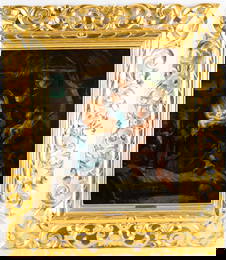 Antique Religious Nativity Scene Oil Painting In Giltwood Baroque Frame In The Manner Of Franz Anton