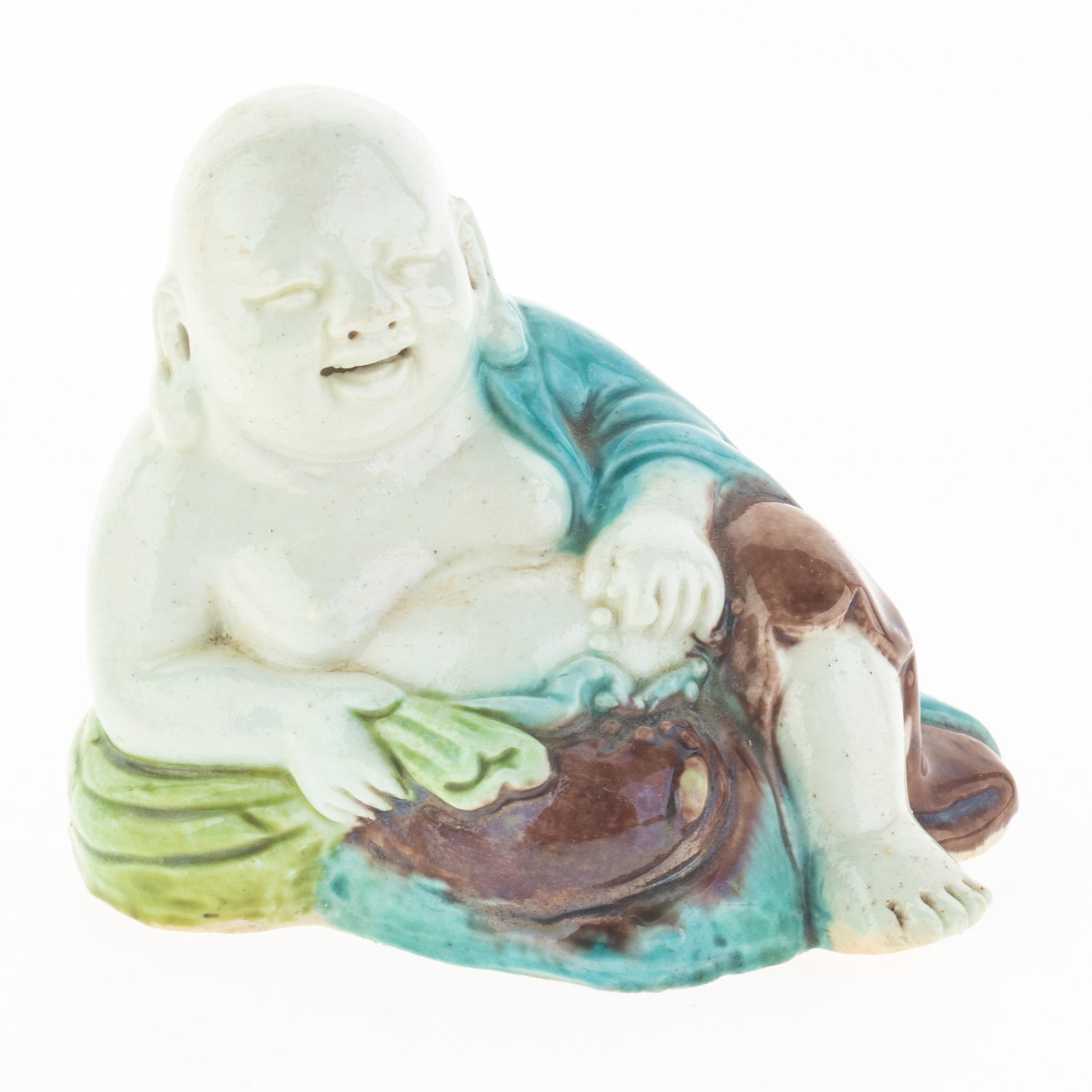 Antique Chinese Glazed Polychtome Pottery Figure Of Laughing Buddha (1 of 1)