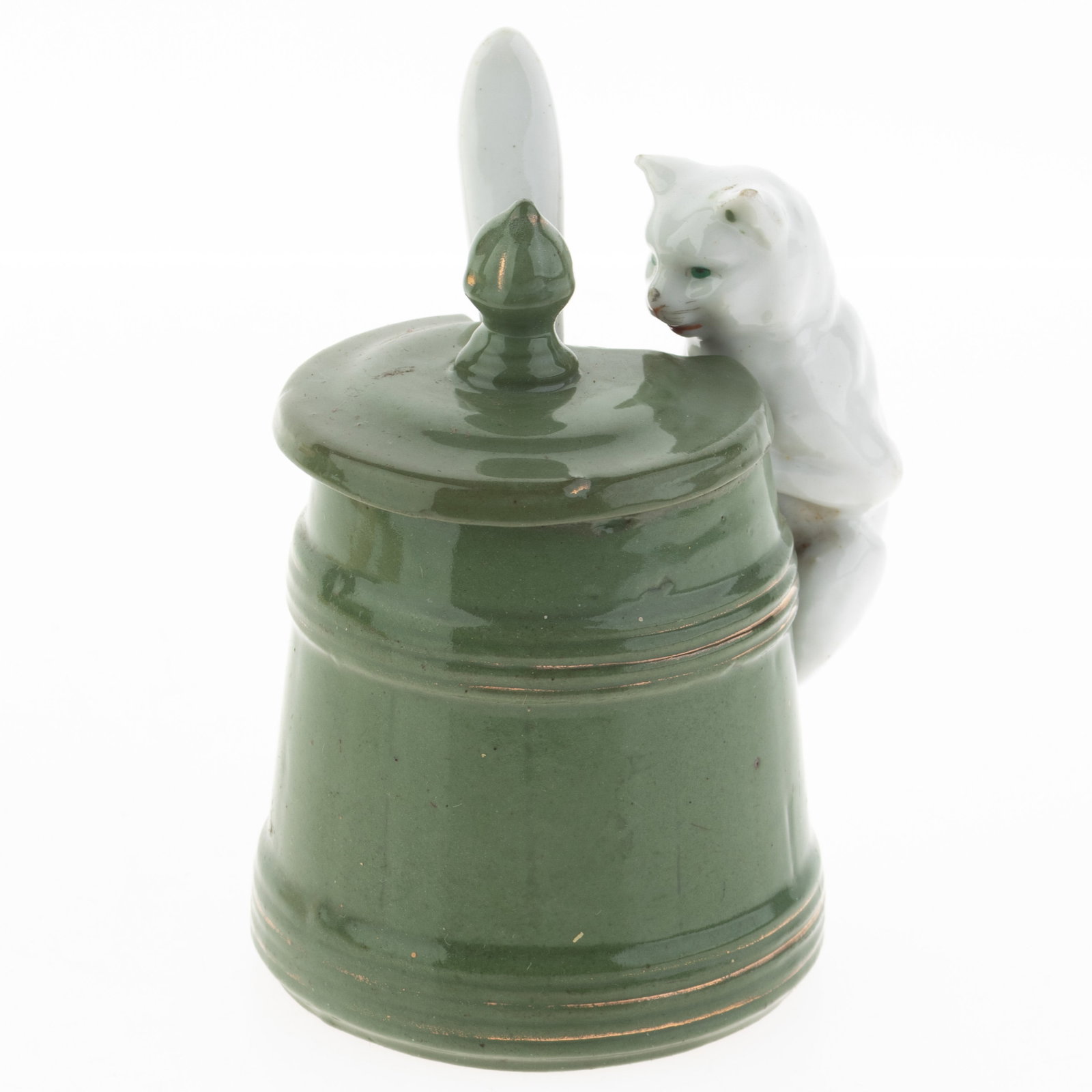 Antique Continental Glazed Green Bisque Porcelain Cat Preserve Jar 19Th Century: Height: 10.0 cm, Width: 7.5 cm. It is the responsibility of the Buyer to carefully examine each lot and form their own judgment regarding its condition, description, provenance, and authenticity prior