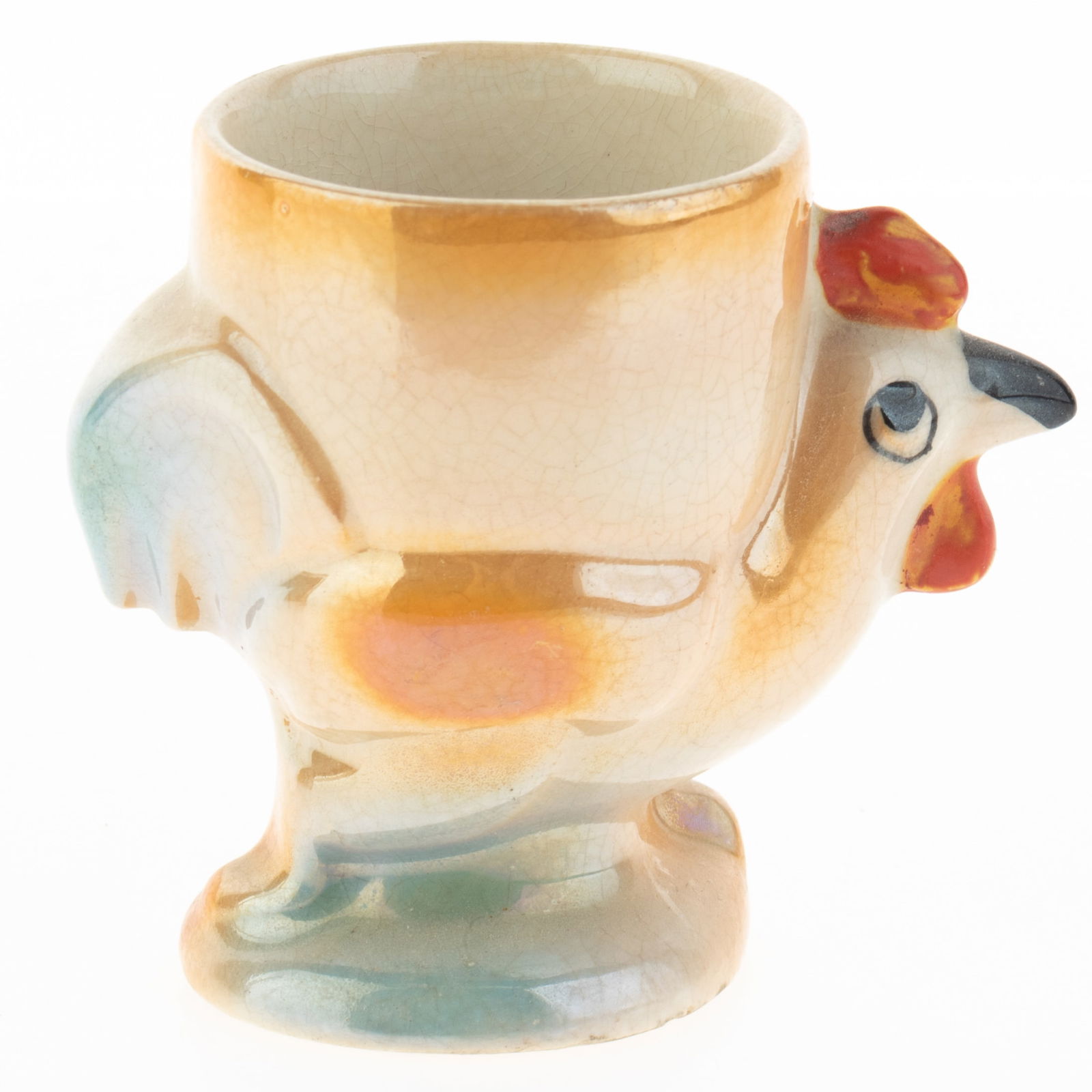 Mid Century Novelty Hand Painted Lustreware Ceramic Pottery Cockerel Egg Holder: Height: 6.5 cm, Width: 4.7 cm. It is the responsibility of the Buyer to carefully examine each lot and form their own judgment regarding its condition, description, provenance, and authenticity prior