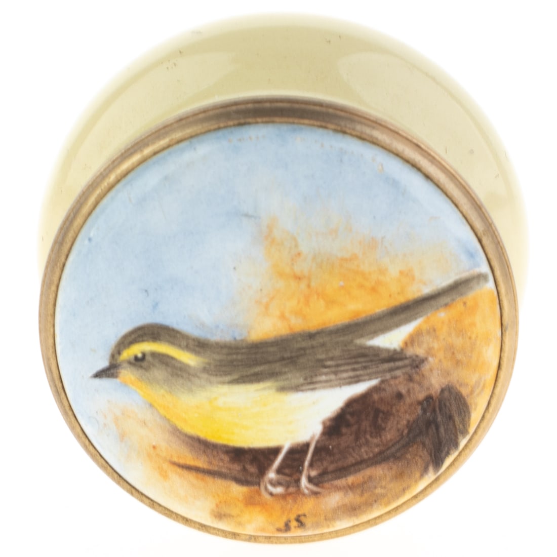 British Hand Painted Enamel Bird Pill Box: Height: 2.0 cm, Width: 3.3 cm. It is the responsibility of the Buyer to carefully examine each lot and form their own judgment regarding its condition, description, provenance, and authenticity prior