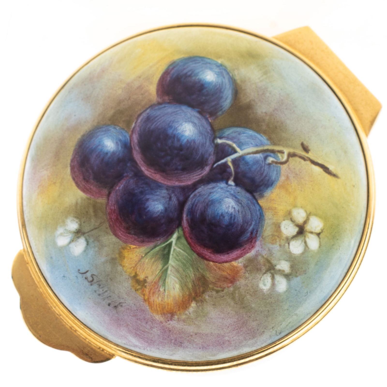 British Signed Hand Painted Enamel Grapes Pill Box: Height: 4.0 cm, Width: 6.3 cm. It is the responsibility of the Buyer to carefully examine each lot and form their own judgment regarding its condition, description, provenance, and authenticity prior