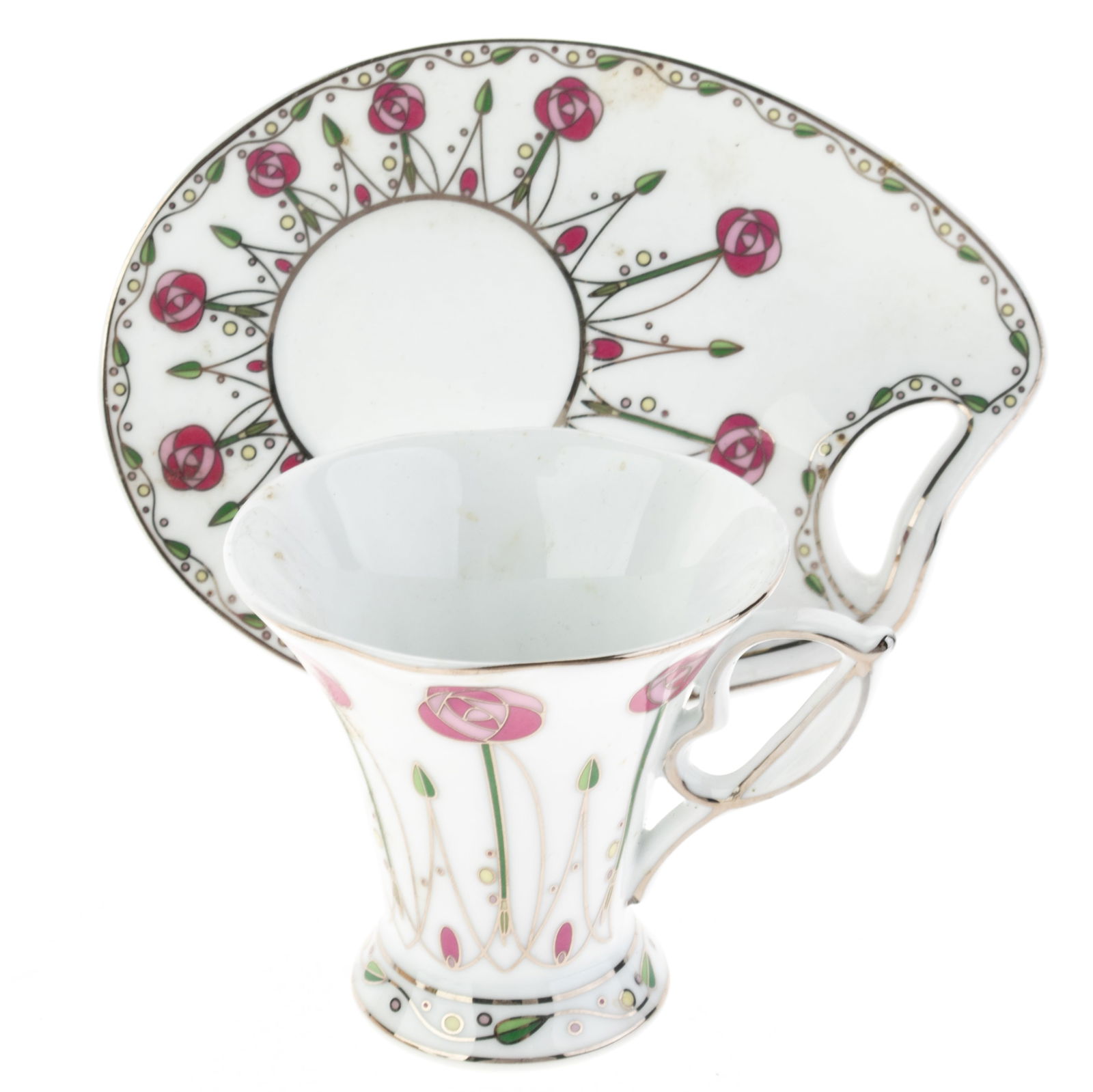 Mid Century Charles Rennie Mackintosh Pattern Porcelain Teacup And Saucer: Height: 8.0 cm, Width: 15.0 cm. It is the responsibility of the Buyer to carefully examine each lot and form their own judgment regarding its condition, description, provenance, and authenticity prior