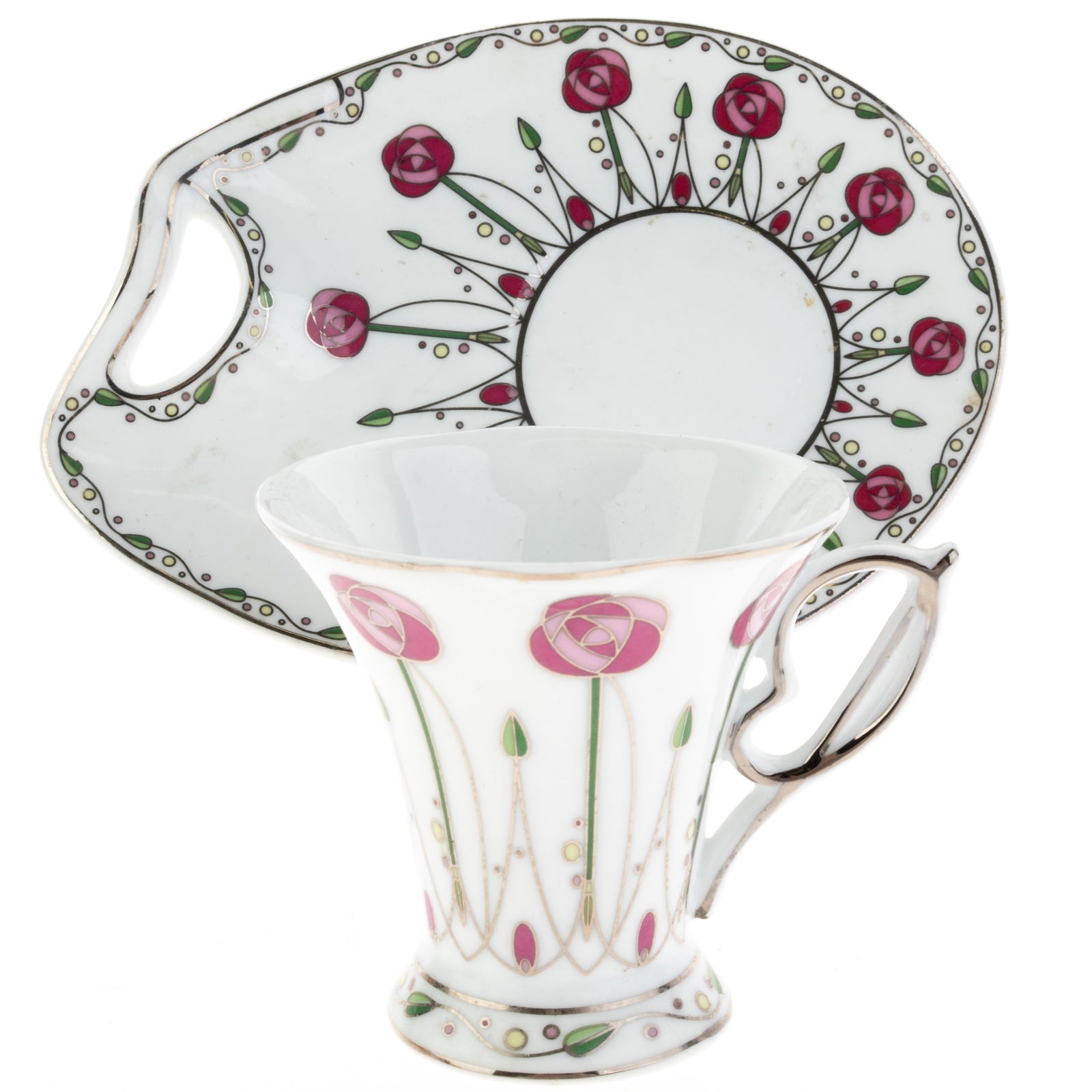 Mid Century Charles Rennie Mackintosh Pattern Porcelain Teacup And Saucer: Height: 8.0 cm, Width: 16.0 cm. It is the responsibility of the Buyer to carefully examine each lot and form their own judgment regarding its condition, description, provenance, and authenticity prior