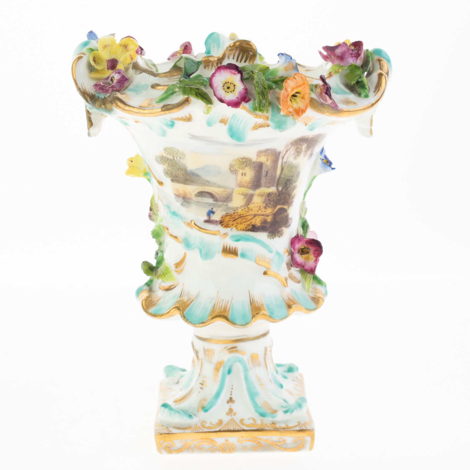 Antique Hand Painted Coalbrookdale Porcelain Landscape Urn Vase Encrusted With Flowers Ca. 1825: Height: 13.0 cm, Width: 10.5 cm. It is the responsibility of the Buyer to carefully examine each lot and form their own judgment regarding its condition, description, provenance, and authenticity prio