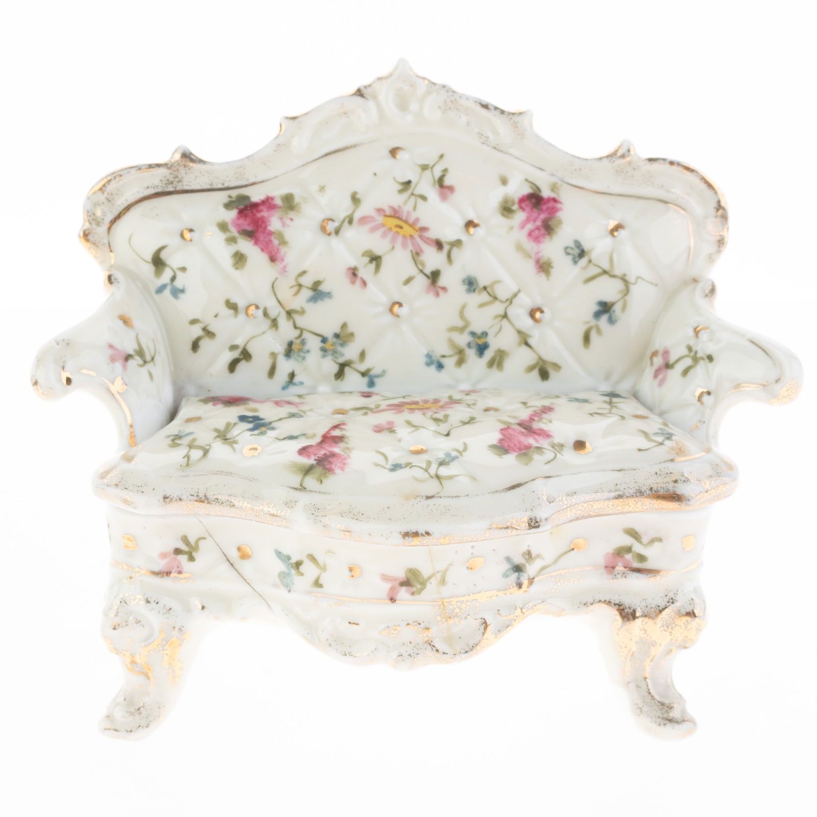 Antique Victorian Hand Painted Porcelain Sofa Trinket Box: Height: 9.5 cm, Width: 10.5 cm. It is the responsibility of the Buyer to carefully examine each lot and form their own judgment regarding its condition, description, provenance, and authenticity prior