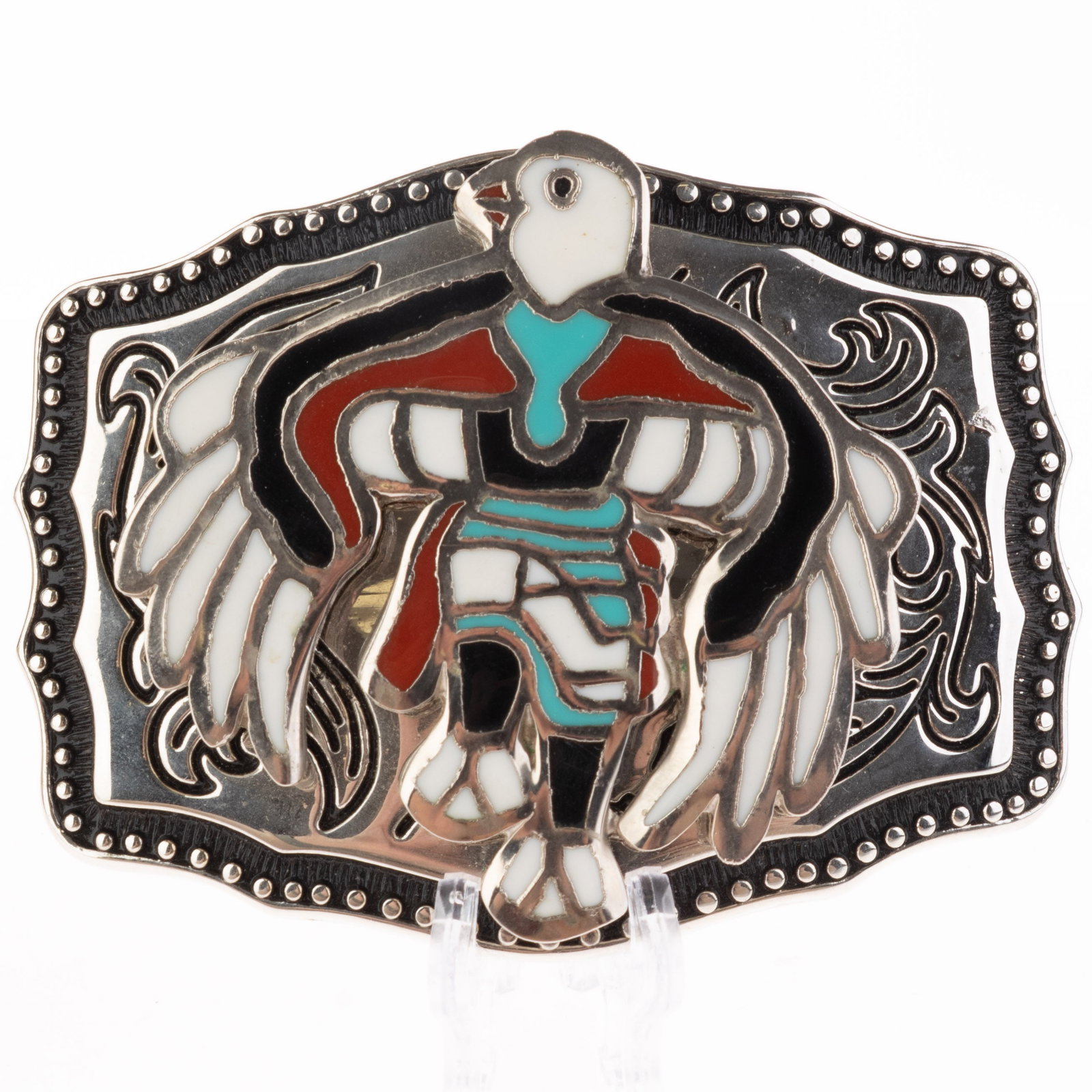 Zuni Pueblo Native American Inlaid Turquoise & Coral Eagle Dancer Bolo Enamel Belt Buckle (1 of 2)