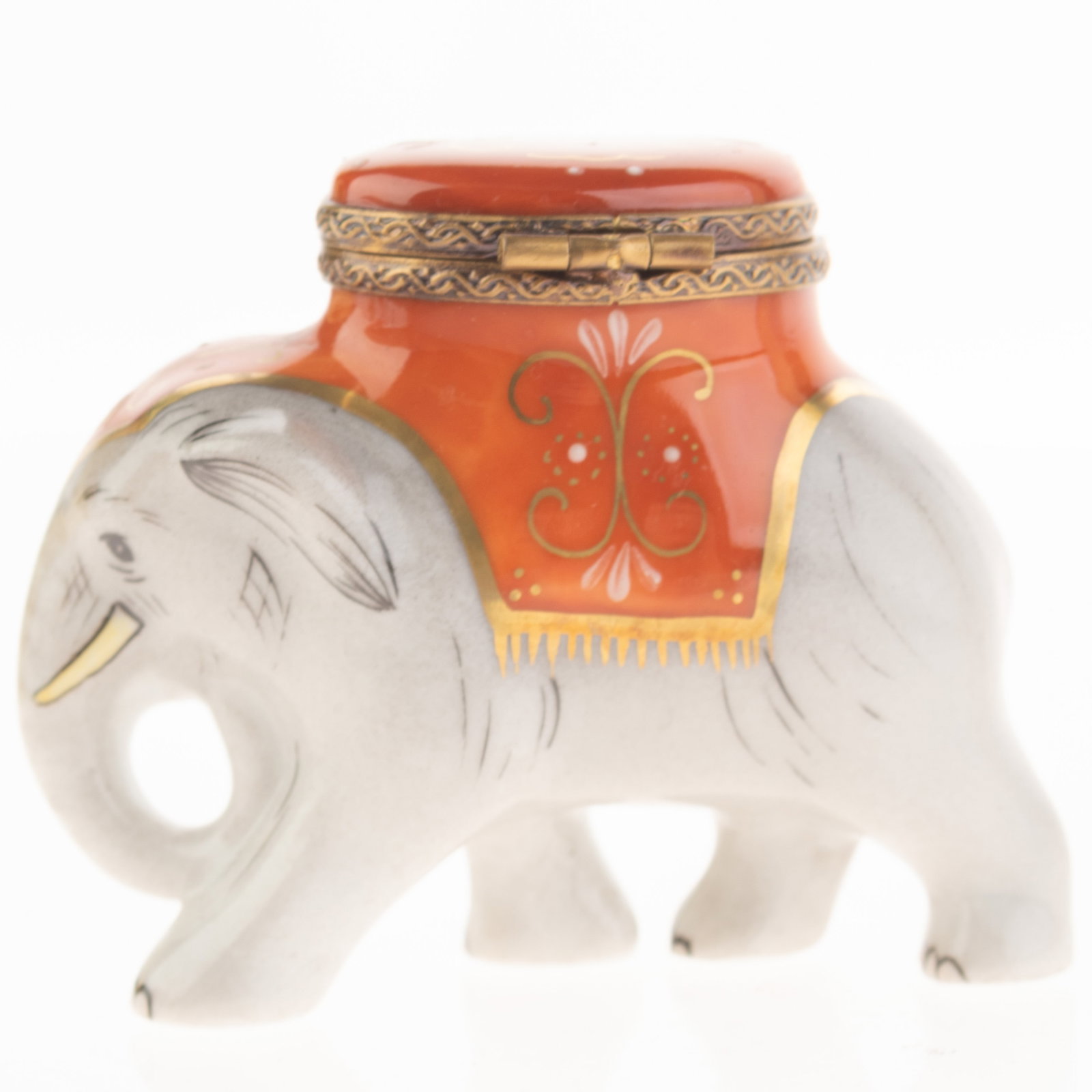 French Limoges Hand Painted Indian Elephant Porcelain Trinket Box With Bronze Ribbon Clasp (1 of 2)